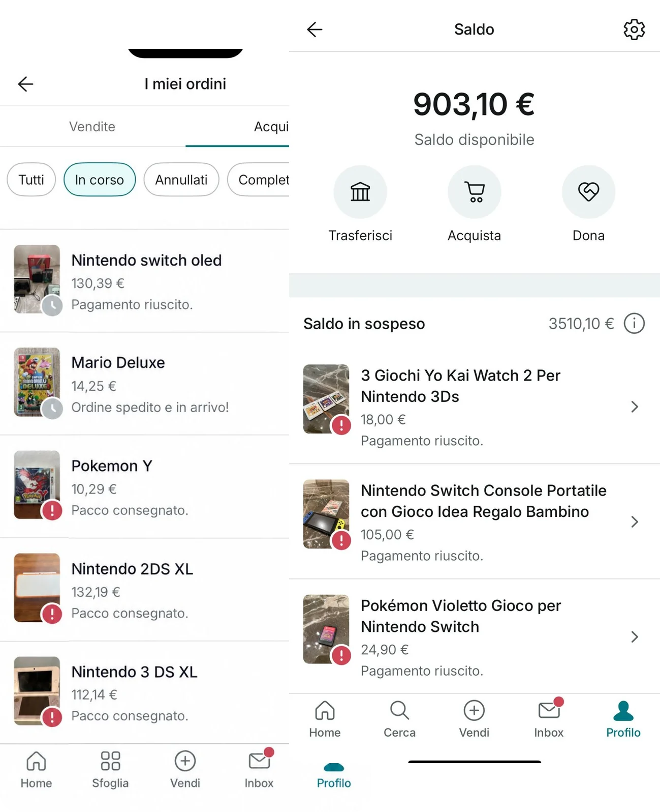 Gli ordini andati a buon fine e il saldo di un account