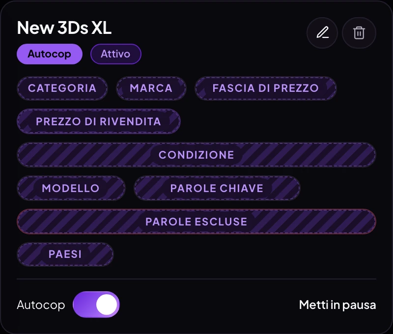 La scheda di un filtro del pre-set: si leggono il nome e lo stato, i dati che contano sono coperti